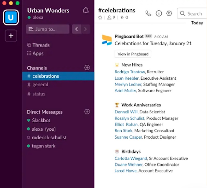 Pingboard integration into Slack