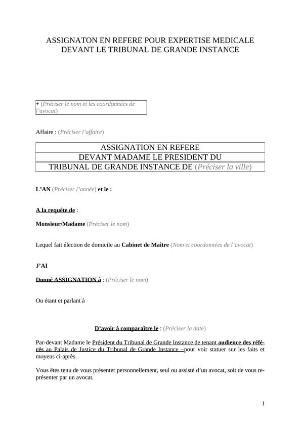 Assignation en r f r pour expertise m dicale mod le gratuit