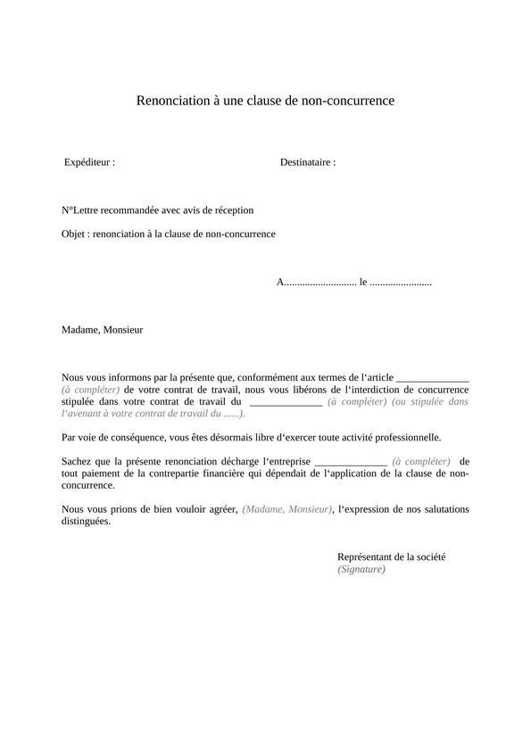 Modèle de contrat de travail renonciation à une clause de non-concurrence