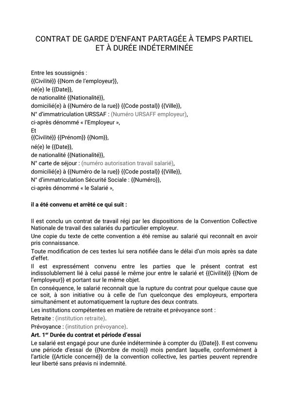 Contrat de garde d’enfant partagée à temps partiel et à durée indéterminée modèle gratuit