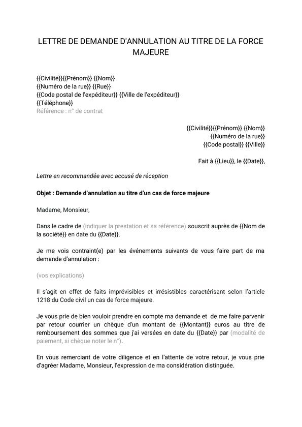 Lettre de demande d'annulation d'une vente au titre de la force majeure ...