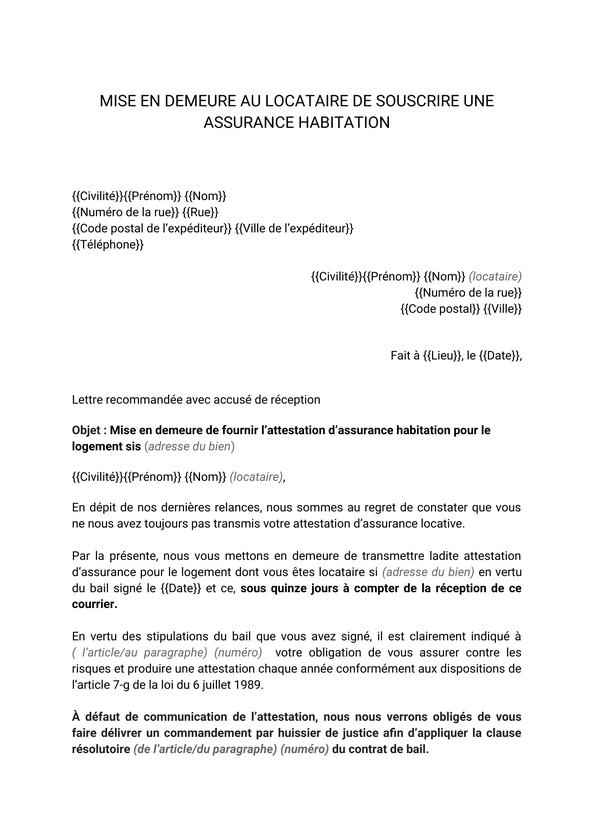 Mise en demeure au locataire de souscrire une assurance habitation modèle gratuit