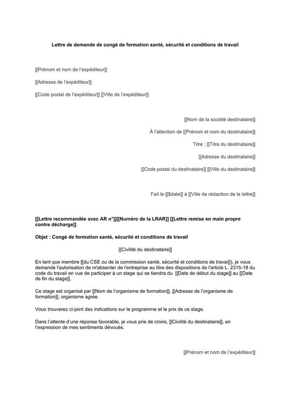 Modèle de lettre de demande de congé de formation santé, sécurité et ...