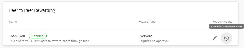 Enabling/ disabling peer to peer reward feature