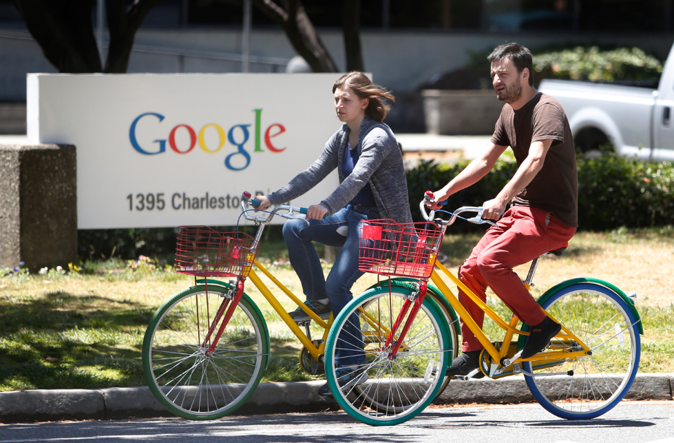 Googlers bicycling in their Mountainview campus