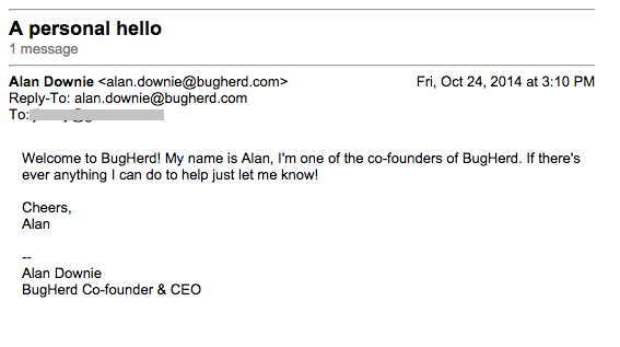 An intuitive subject line and mail from Bugherd leadership.