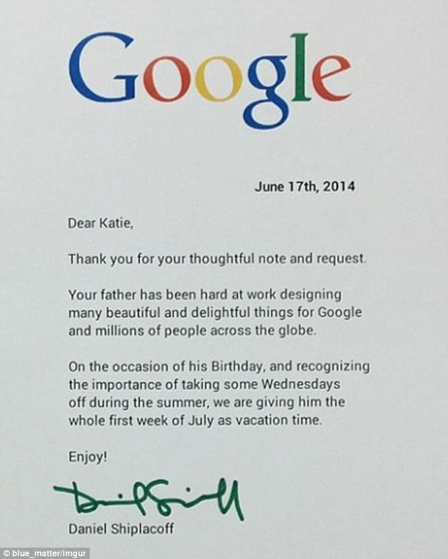 A recognition letter from Google to employee’s daughter