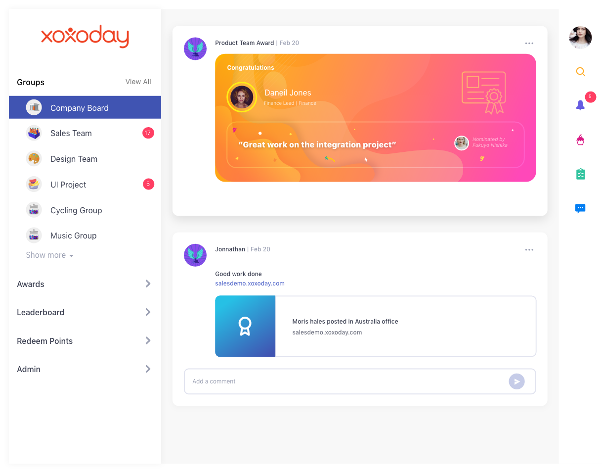 Appreciation sent over employee communication platform