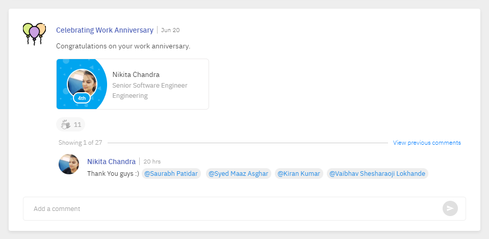 Xoxoday Empuls Screen shot - Work Anniversary celebration post