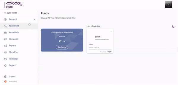 Add new admins, transfer funds to them and more.