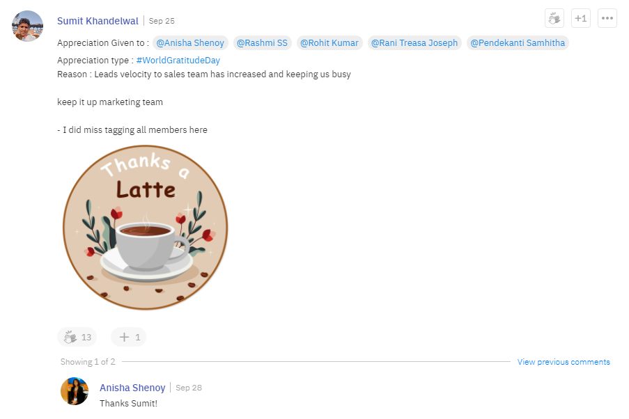 An example of Appreciations being sent out on Xoxoday Empuls