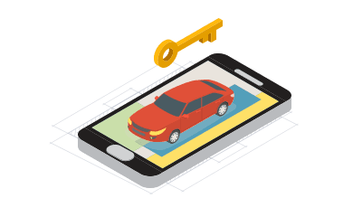 Ilustração isométrica de um telefone celular com a imagem de um carro e uma chave na estrada