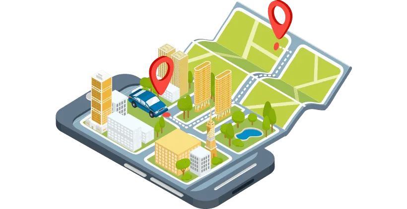 Ilustração isométrica de um telefone celular com uma imagem de carro no mapa de uma cidade com um poi