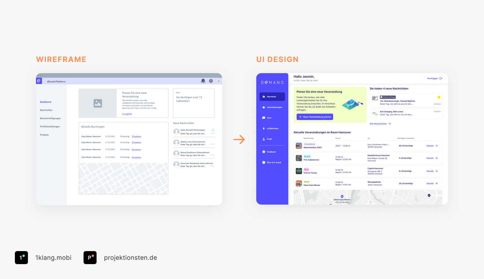 Wireframe und UI Design eines gleichen Screens