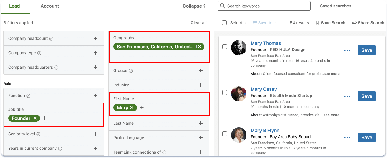 Use Geography, Job title, and First Name filters