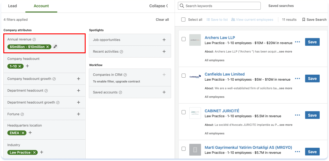 Use Annual revenue additional filter