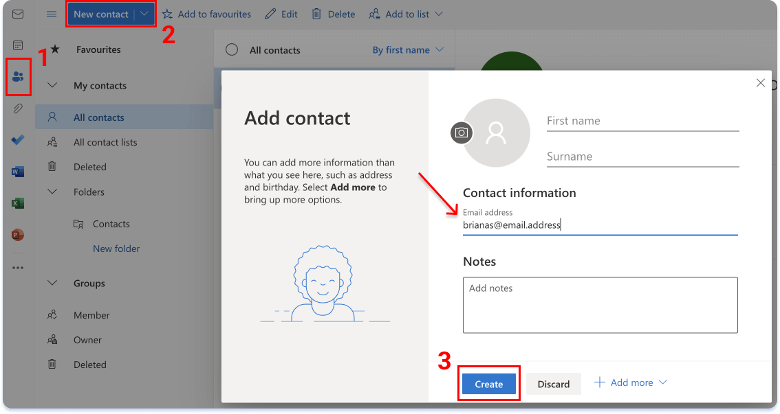 Insert email address in the Add contact window