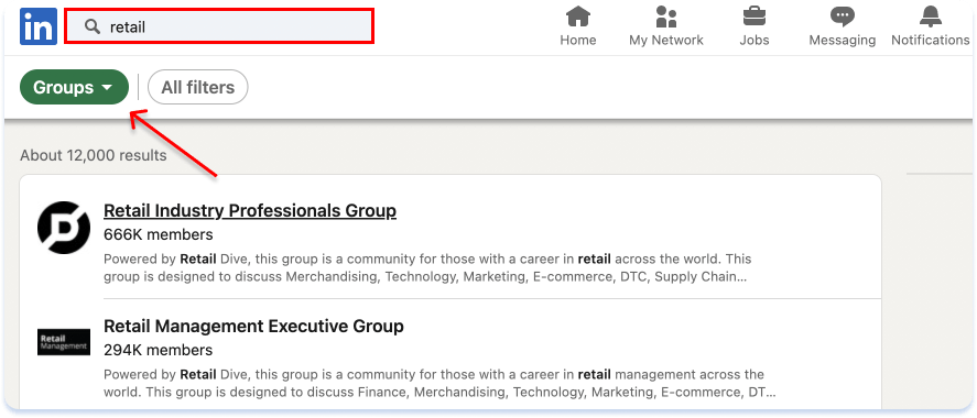 Insert your keyword in Groups category