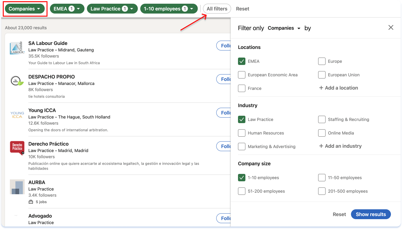 Use All filters to narrow your Company search