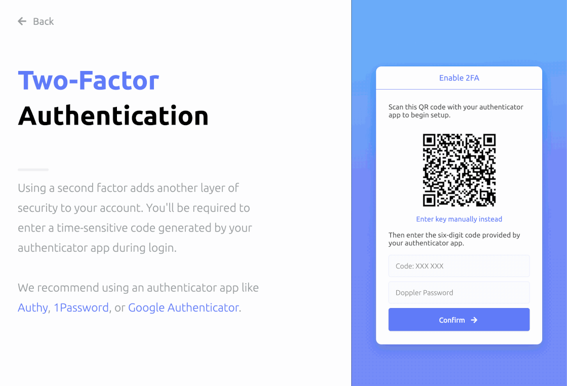 Doppler: Additional OTP 2FA Setup Methods