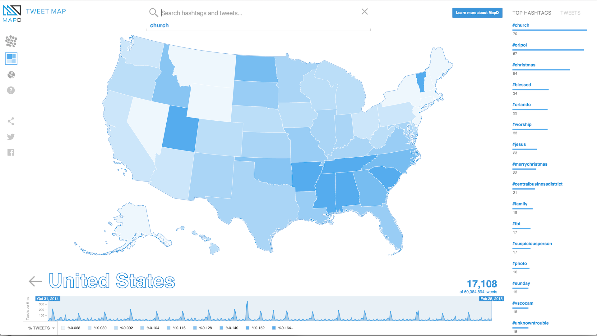 % tweets with "church" by state