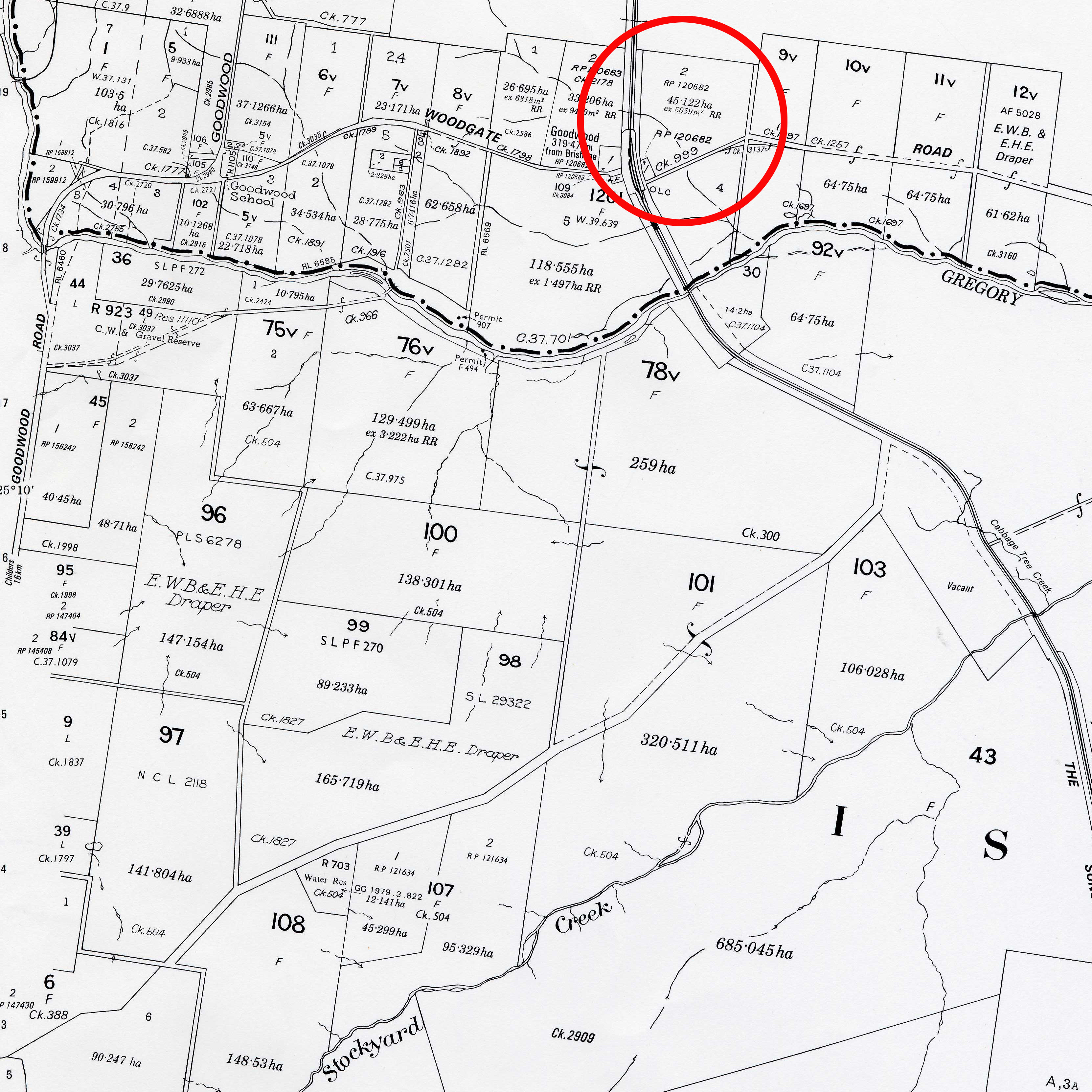 This image shows an example of a cadastral map and the area circled in red is the intended survey plan.