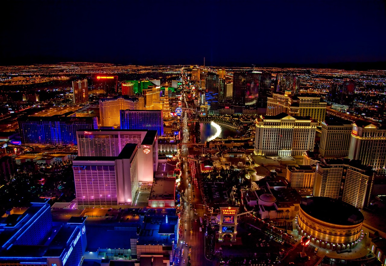 Nighttime aerial view of the Las Vegas Strip