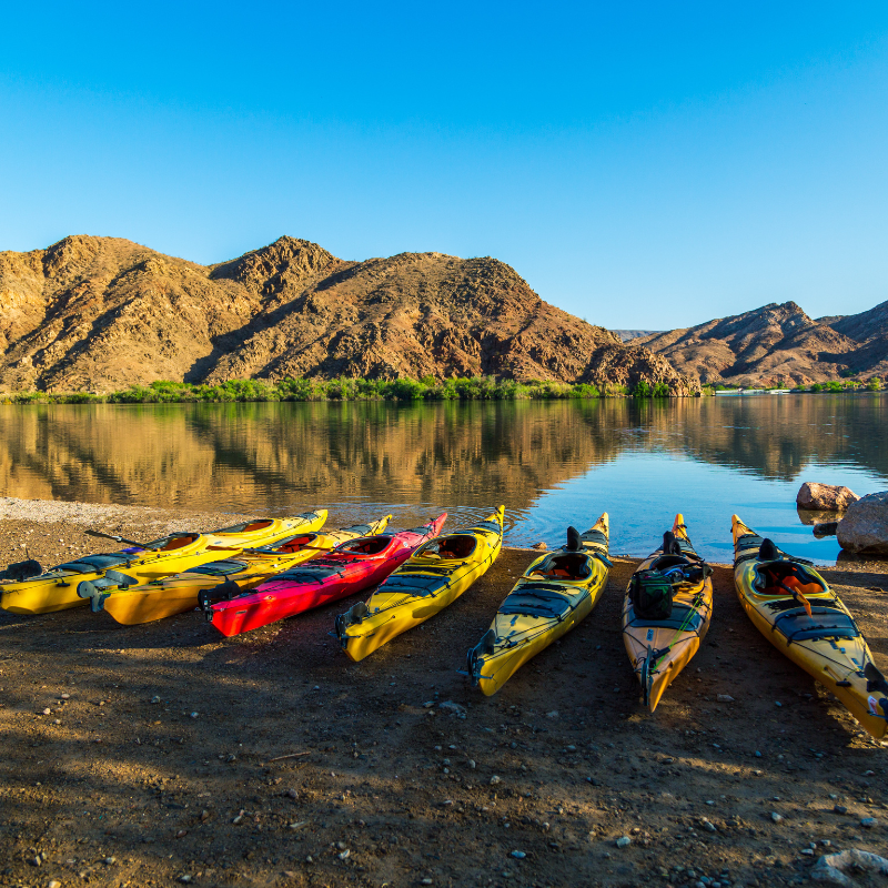 Kayaks lined up along Willow Beach shoreline