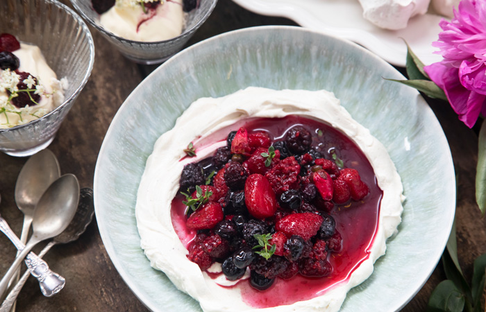 Rose Scented Meringue with Marinated Berries and Vanilla Labneh
