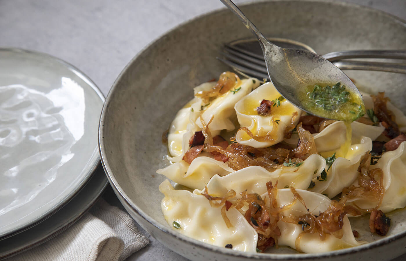 Panfried Dumplings with Broth and Chilli Oil