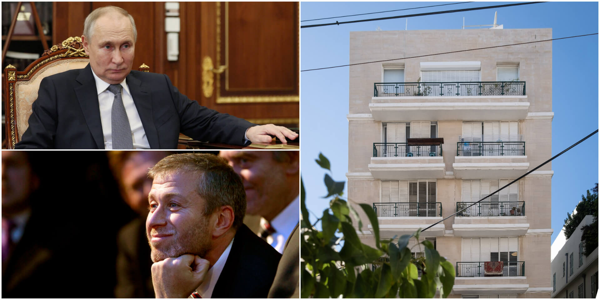 נשיא רוסיה פוטין, הבניין ברח' פינסקר 17 בת"א והאוליגרך רומן אברמוביץ'. צילומים: רויטרס, ביאה קלוש