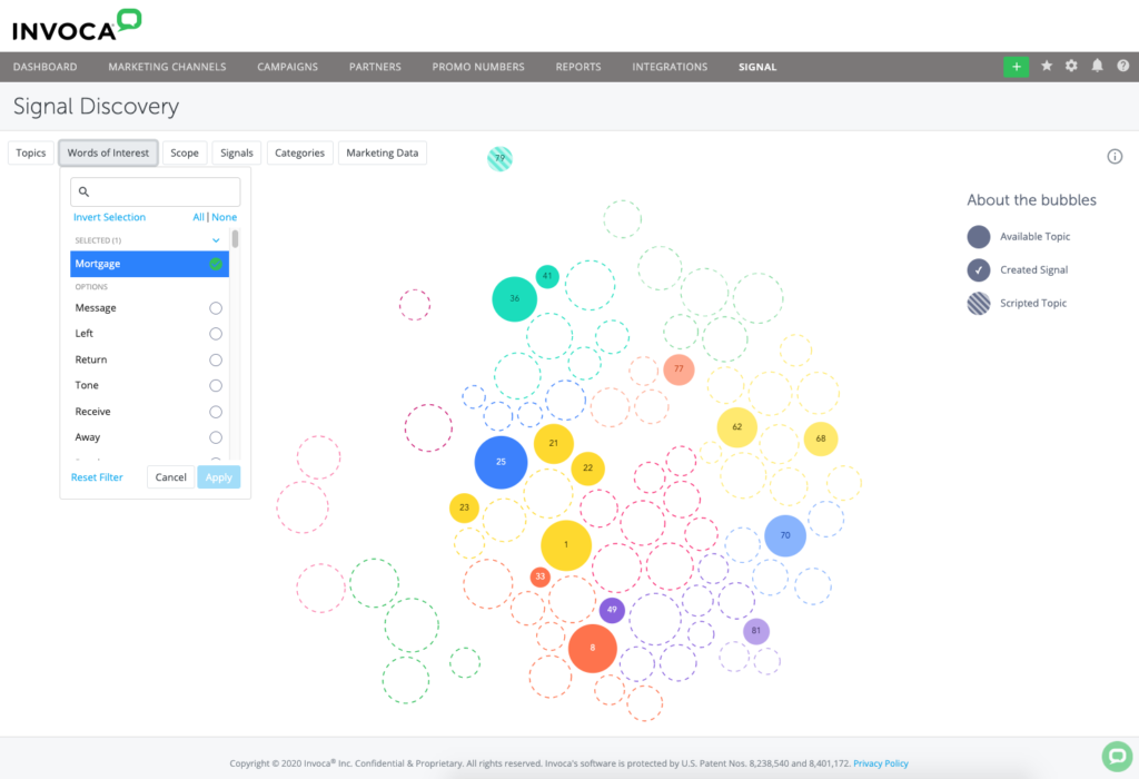 Topic filtering in the Invoca Signal Discovery conversational analytics platform.