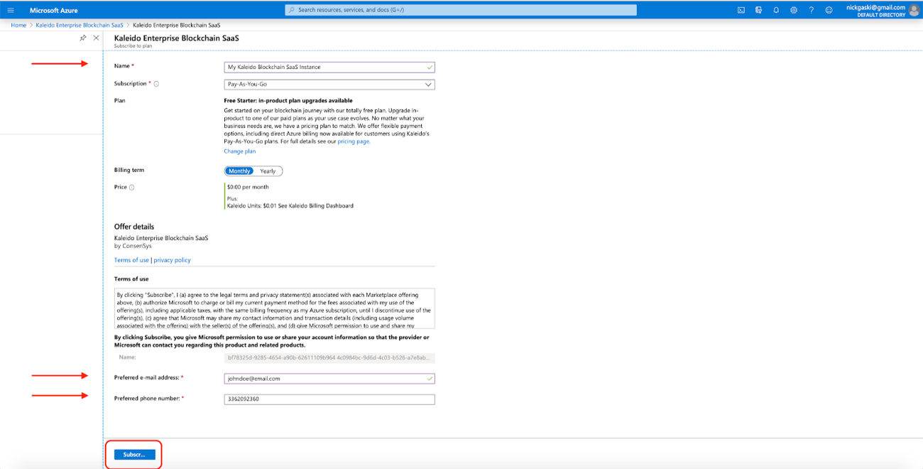 Enable Azure billing on Kaleido step 2