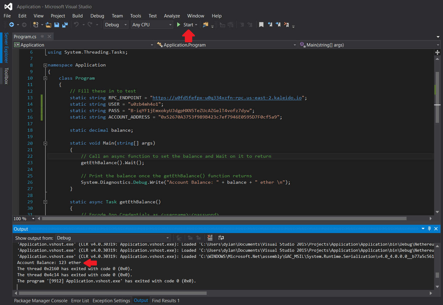 Visual Studio with arrows to the start button and ether balance output