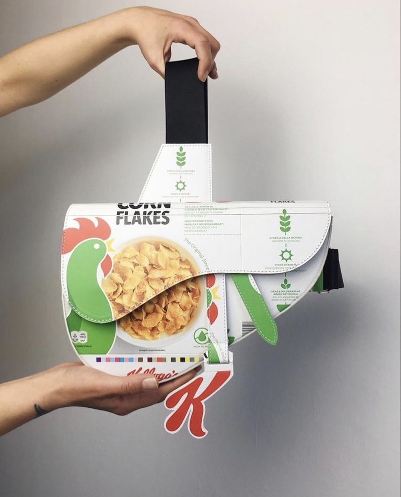 A remake of the Classic Dior saddle bag made out of Kelloggs Cereal Corn Flakes packaging.