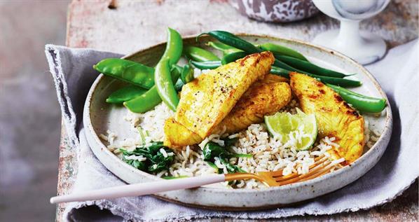 Turmeric Fish With Spinach Rice