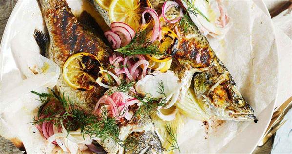 Barbecued Whole Barramundi With Fennel, Dill & Lemon Stuffing