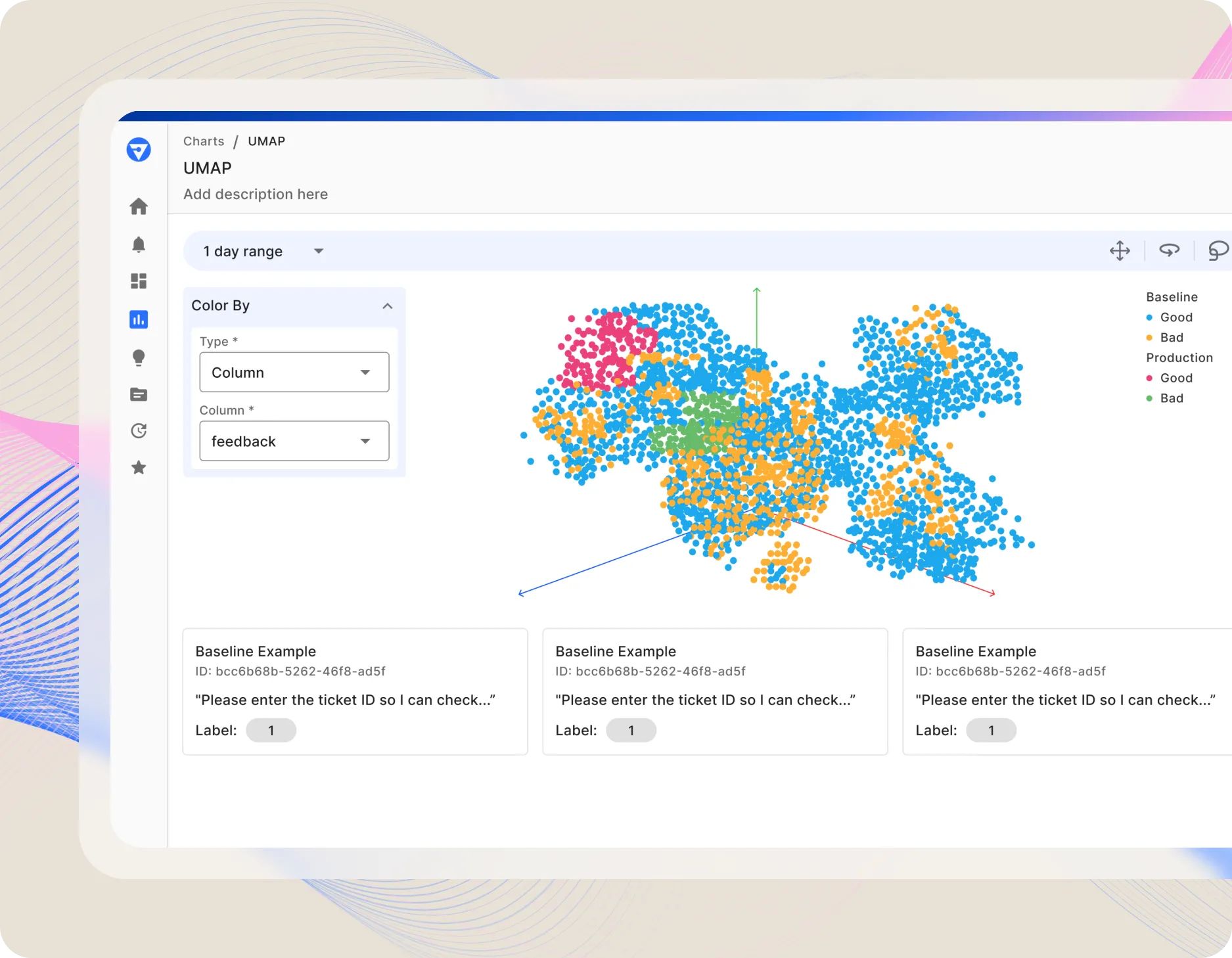 Fiddler LLMOps Observability showing a UMAP chart with color-coded clusters