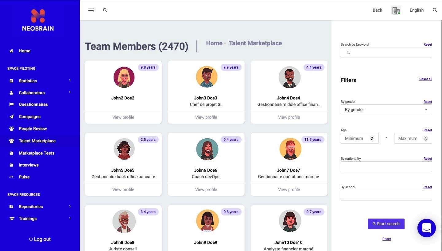 Talent Marketplace de la plateforme Neobrain