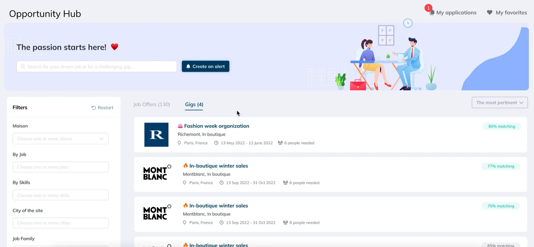 Page de présentation de l'ensemble des opportunités internes pour les collaborateurs