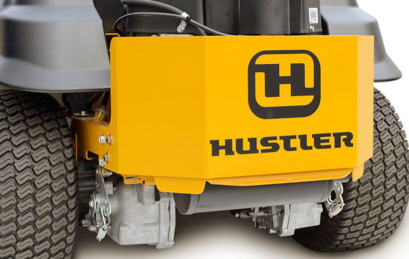 Image of the rear of a mower with a yellow steel rectangular guard around the engine