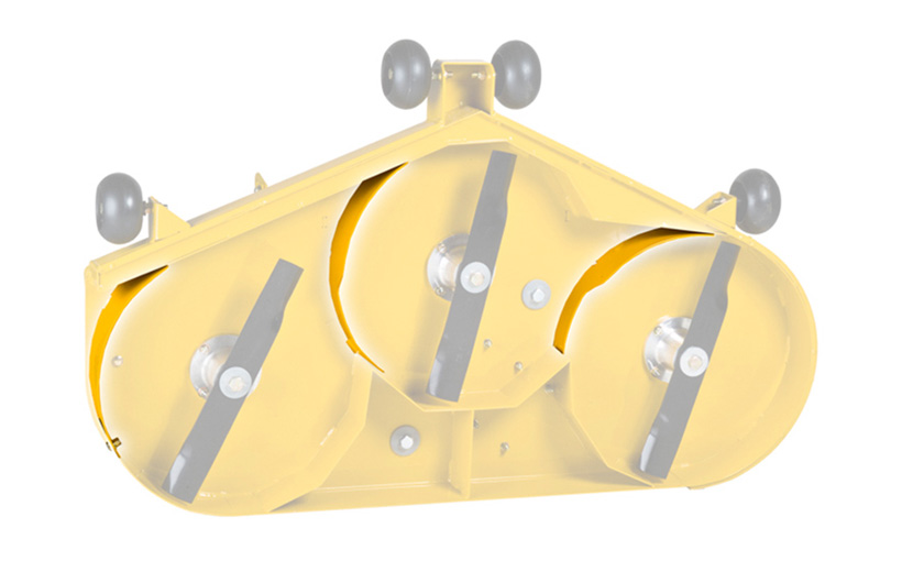 Image of the underside of a yellow deck with the mulch kit items highlighted.