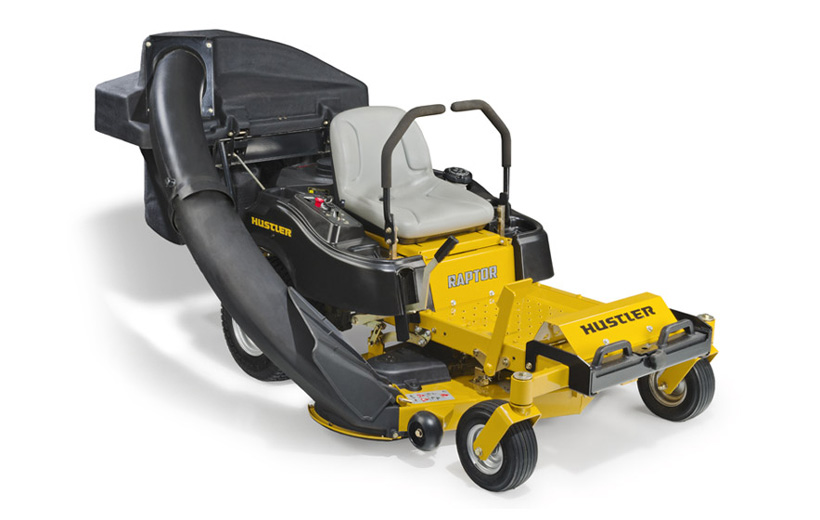 Front of a yellow mower with a black 2-bag catcher mounted on the back