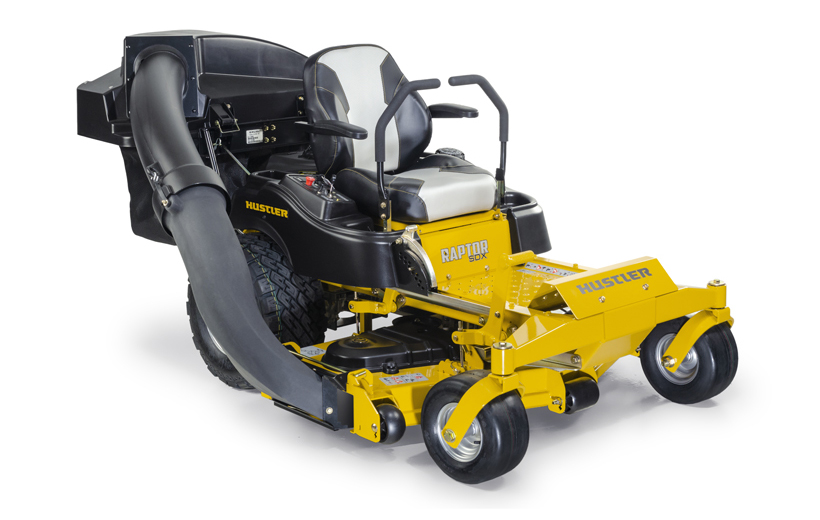Front of a yellow mower with a black 2-bag catcher mounted on the back