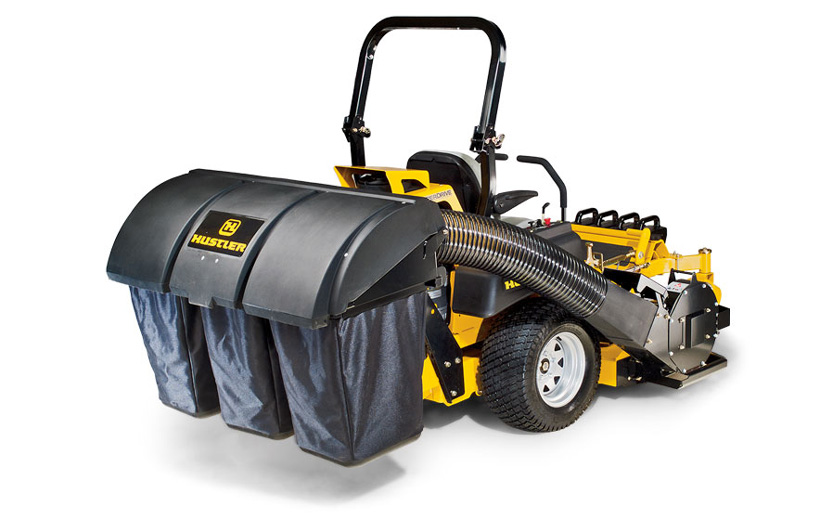 Image of the back of a yellow mower with a black 3 bag catcher mounted to the back.