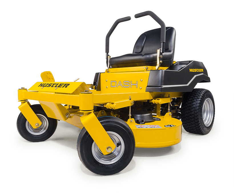 image of the front three quarters of a yellow zero-turn mower