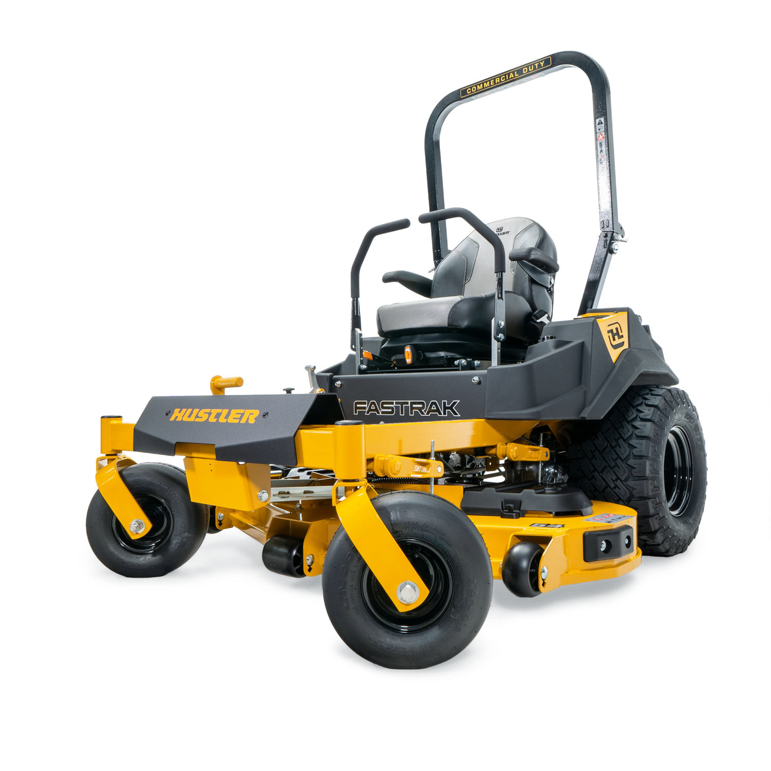 Image of front 3 quarters of a yellow mower showing the trim edge of the deck