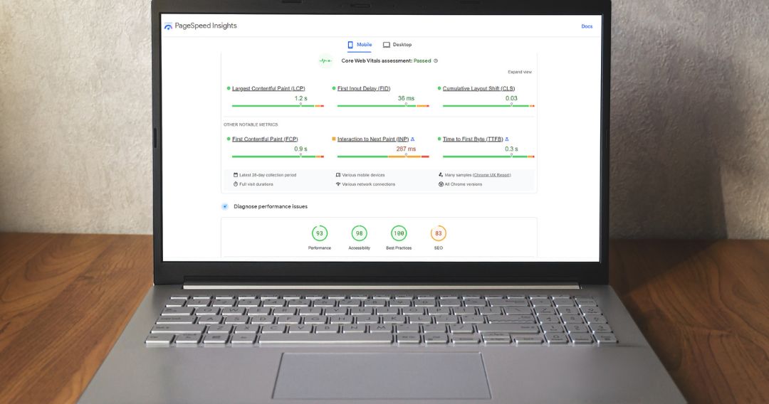 Google PageSpeed Insights on laptop screen with Core Web Vitals