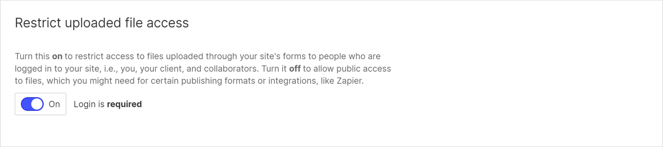 Webflow: раздел “Settings”, вкладка Заявки (Forms), секция Загрузка файлов (Restrict uploaded file access)