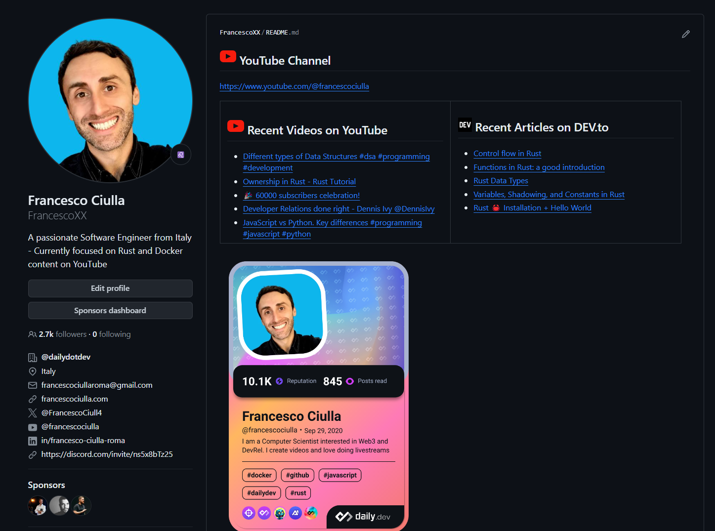Francesco's GitHub README with DevCard embedded in it